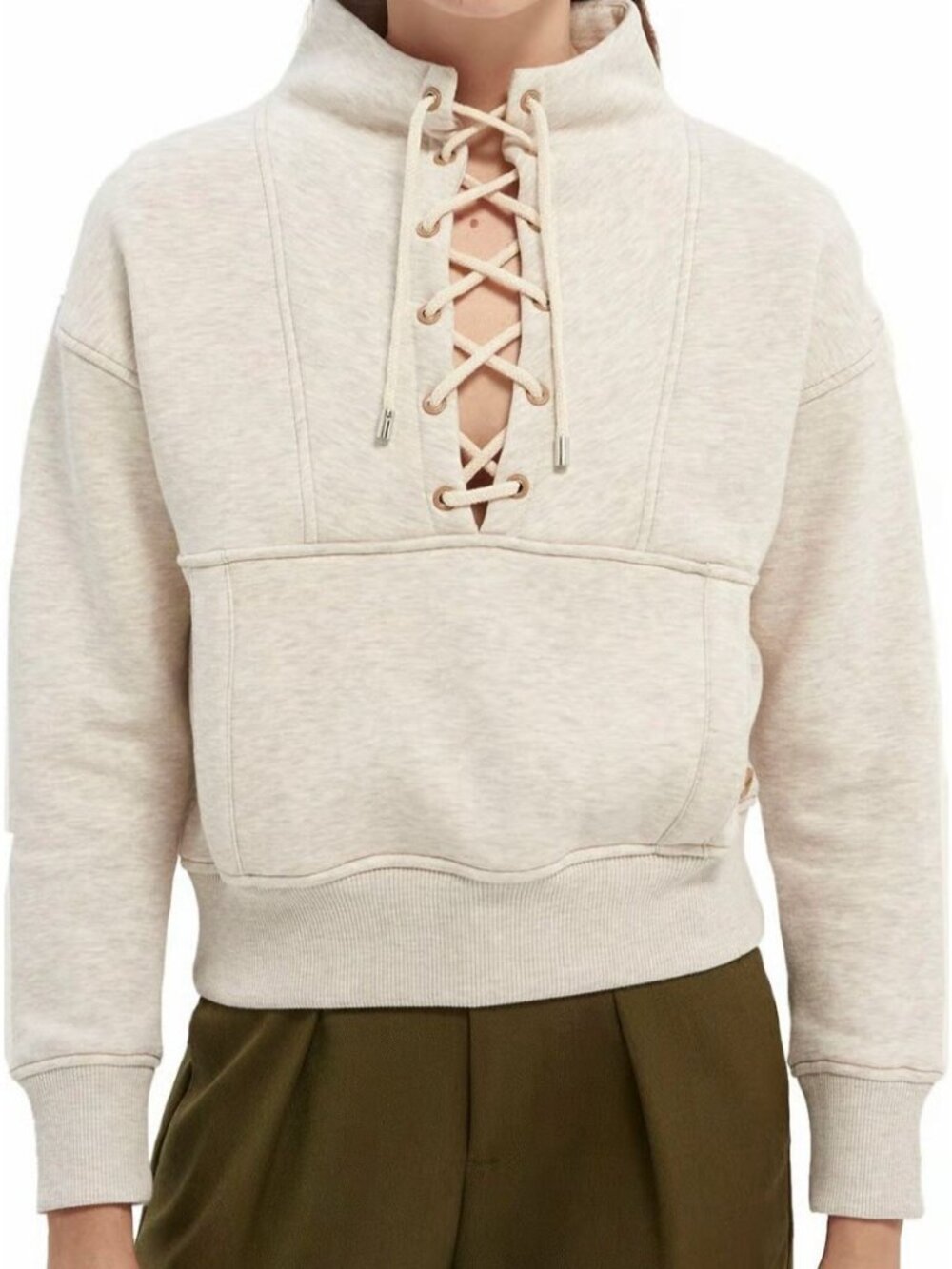 Scotch & Soda Boxy-Fit Sweater Sz S Cream Fleece Lace-Up Kangaroo Pocket